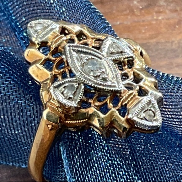 Vintage 14K Solid Gold Filigree Diamond Navette Ring Art Deco Revival Sz 4.75 - Picture 11 of 15
